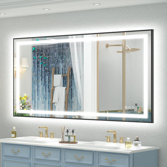 OKPAL 50x30 LED Bathroom Mirror with Black Frame, Lighted Bathroom Vanity Mirror, Front and Backlit, Dimmable, Anti-Fog, 3 Colors, Shatterproof, ETL Listed, Horizontal/Vertical