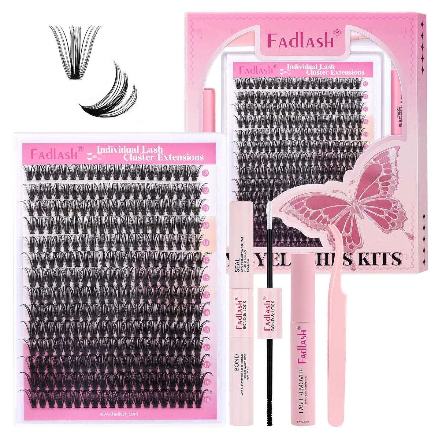 FADLASH Lash Extension DIY Kit Lash Clusters D Curl Cluster Lashes with Lash Bond and Seal Cluster Lashes Glue Remover Lash Tweezers for DIY Eyelash Extension at Home（Kit 50D-0.07D-12-18MIX）, black