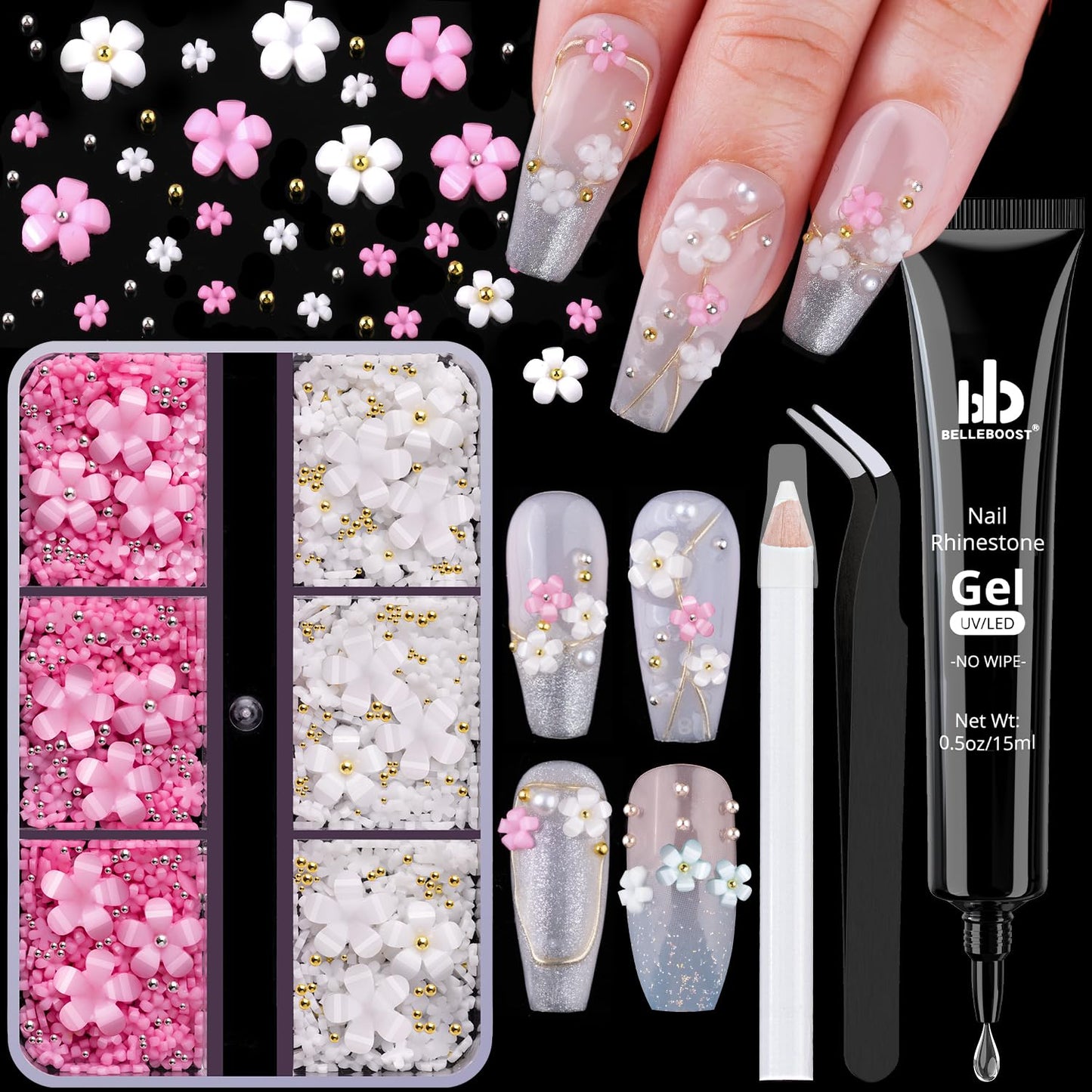 3D Flowers, Manicure Kit with Gel Glue, White Pink Acrylic Flower Nail Charms with Caviar Beads, Rhinestones + Gem Glue for Nails (UV/LED Needed) with Dotting & Pickup Tools