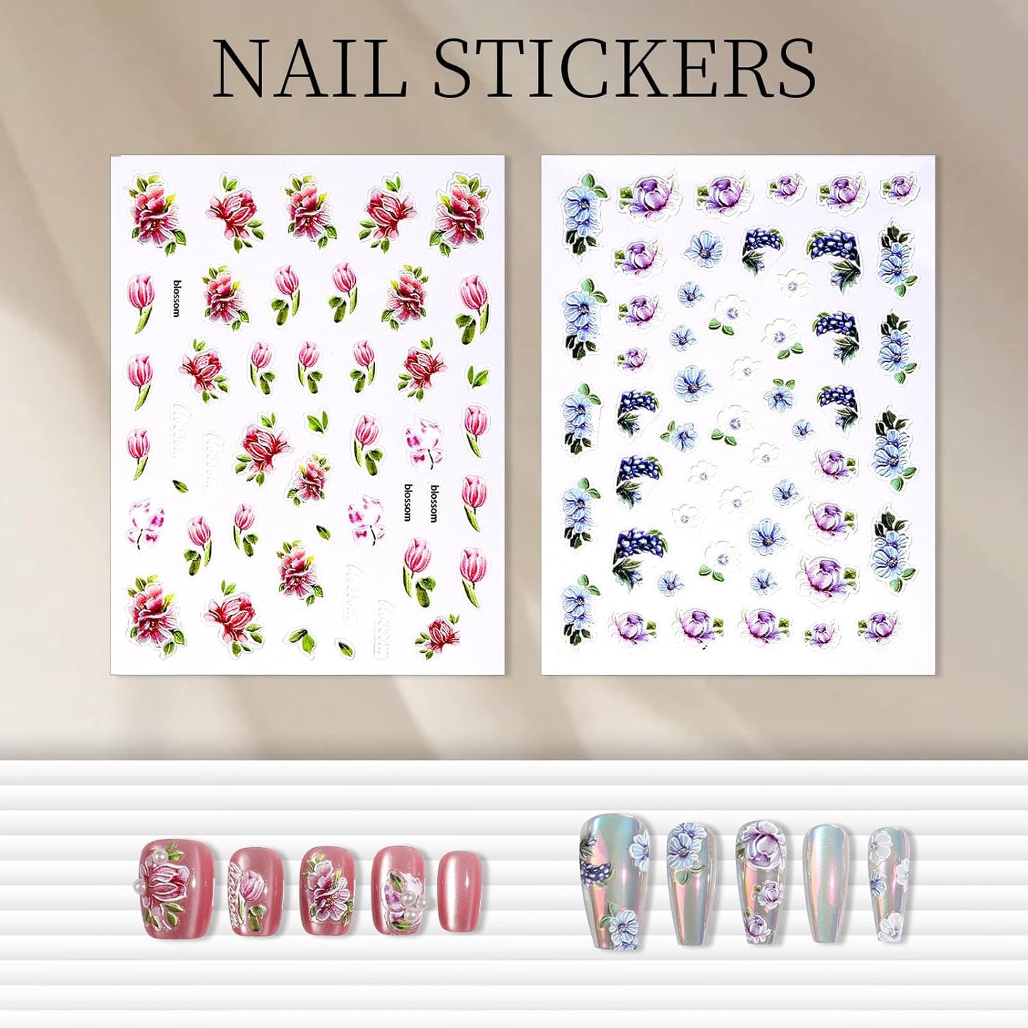 FANDAMEI Nail Decals, 7 Sheets 5D Embossed Flower Nail Stickers, Nail Stickers for Nail Art, 10 PCS Self-Adhesive Nail Art Sticker, Floral Nail Decorations for Girls, Women
