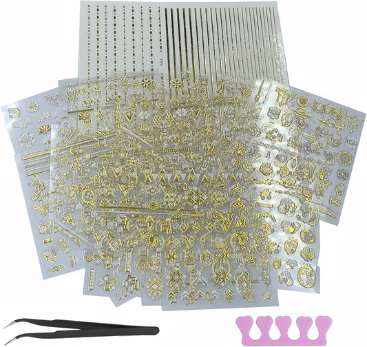 22 Sheets 3D Nail Adhesive Stickers for Women Gold Metallic Chain Line Nail Stickers Diamond Design Luxury Nail Art Decoration with with Tweezers Nail File Separators