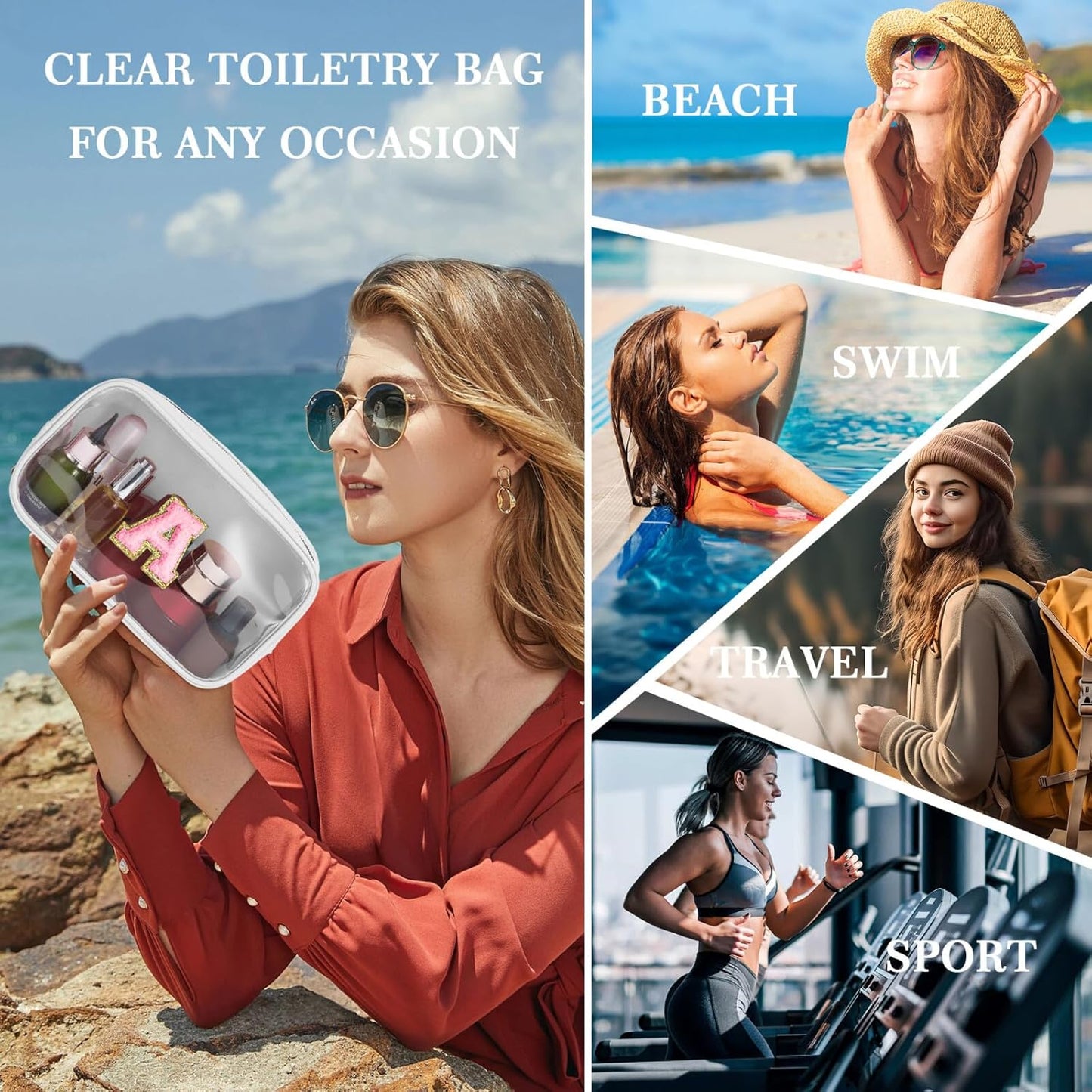 YOOLIFE Initial Make Up Bag Travel Toiletry Bag, Clear Makeup Bag Preppy Cosmetic Bag Travel Essentials Gifts for Women Teen Girlfriend Teacher Mom Birthday Daughter Gifts Swim Gifts For Girls White G