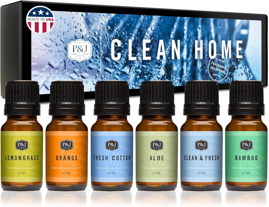P&J Fragrance Oil Clean Home Set | Lemongrass, Fresh Cotton, Clean & Fresh, Aloe, Bamboo, Orange Candle Scents for Candle Making, Freshie Scent, Soap Making Supplies, Diffuser Oil Scents