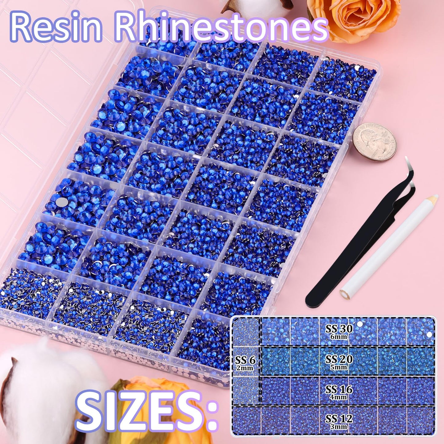 30000Pcs Resin Rhinestones for Bedazzling with Tweezers, Royal Blue Rhinestones for Crafting with B7000 Jewelry Glue for DIY Crafts Clothing Tumblers Shoes Fabric Nail Art
