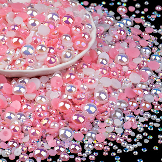 100g Flatback Pearls and Rhinestones Set 1-Pink&White, Mixed Size 3-10mm Resin Rhinestones and Half Pearls for Nail Art and Crafts and Decoration with Tweezer and Pickup Pencil