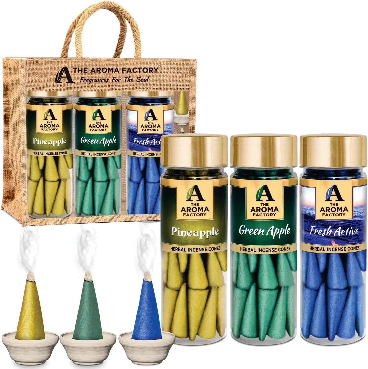 The Aroma Factory Organic Incense Dhoop Cones 3x30 Cones Jute Gift Set with Holder (Fruit Fusion)