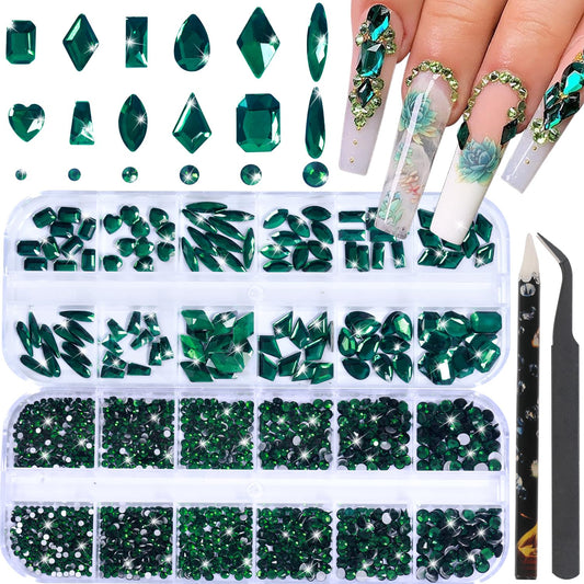 HNUIX Nail Rhinestones - 3D Multi Shape Size, Emerald Green Nail Gems, Flat Back, with Kit, for Nail Art, DIY Decorations
