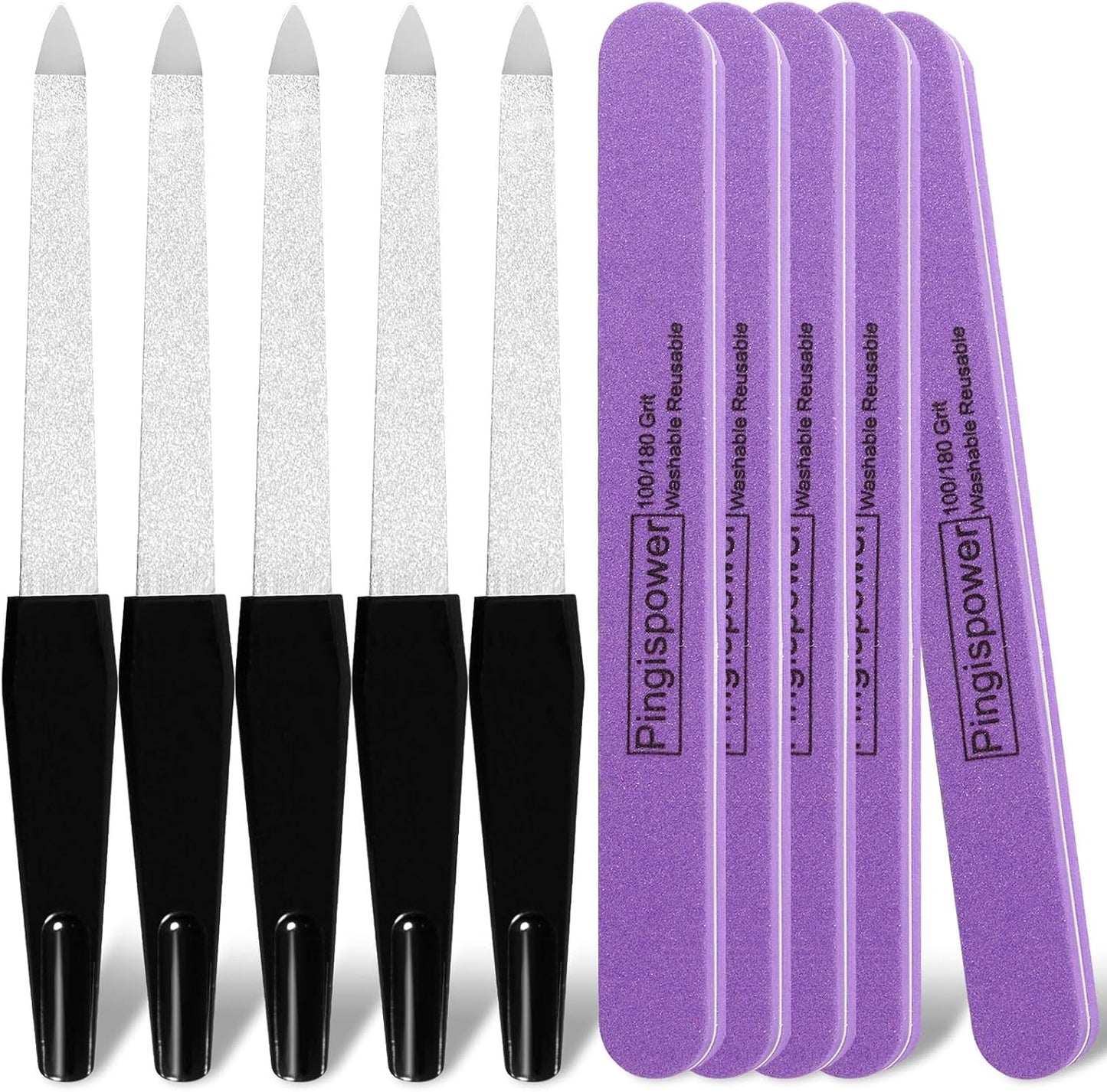 Nail File, 10PCS Professional Metal Nail Files and Buffers Block (100/180 Grit) for Natural Nails, Double Sided Washable & Reusable Manicure Care Kit for Women Home & Salon Travel