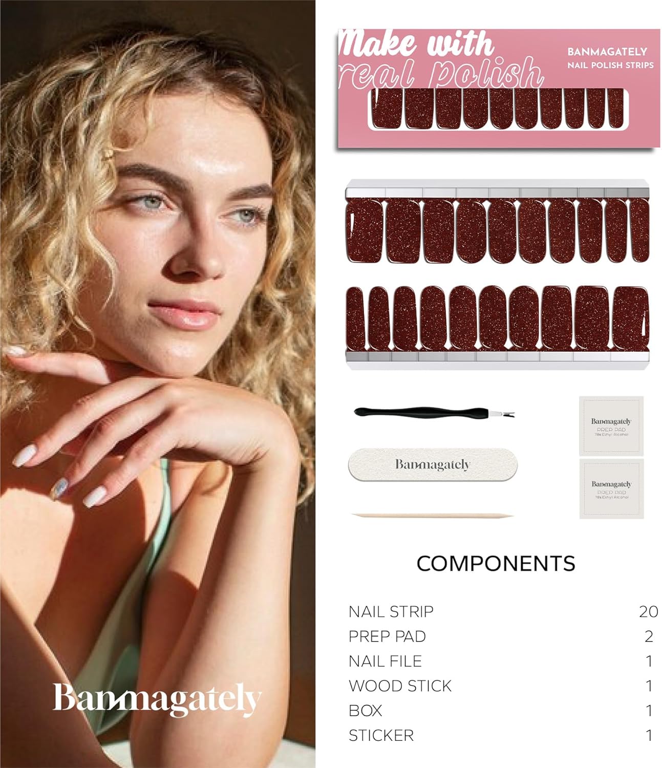 Nail Polish Strips, 20Pcs Salon Quality Gel Nail Stickers, Easy Long Lasting Wraps for Short Nails no UV Light Needed (Glitter Deep Scarlet)