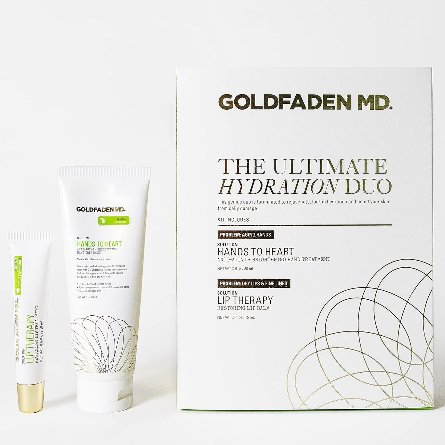 GOLDFADEN MD Ultimate Hydration Duo Hands to Heart Moisturizing Anti-Aging Hand Cream 3oz and Lip Therapy Restoring Lip Balm .5oz
