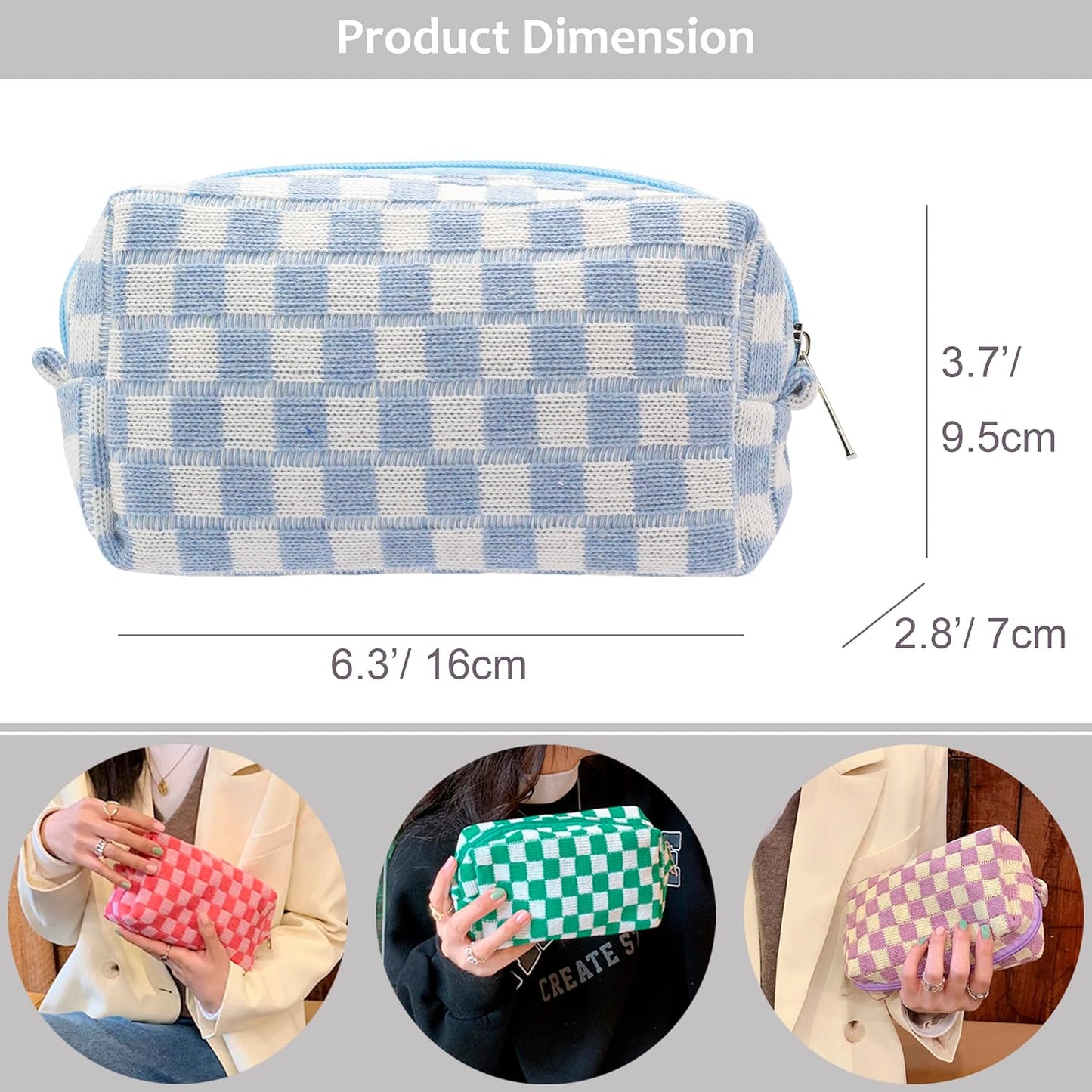PAZIMIIK Checkered Makeup Bag for Purse Portable Zipper Make Up Pouch Small Cosmetic Case for Travel Accessories (2PCS Blue Hotpink)