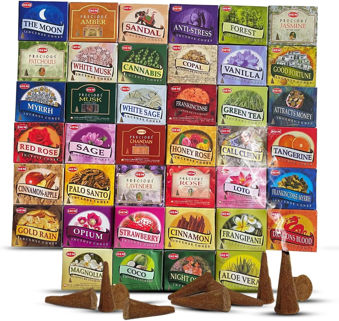 Hem Incense Cones Variety Pack of 12 Randomly Selected Fragrances and Incense Cone Holder Bundle Total 120 Cones