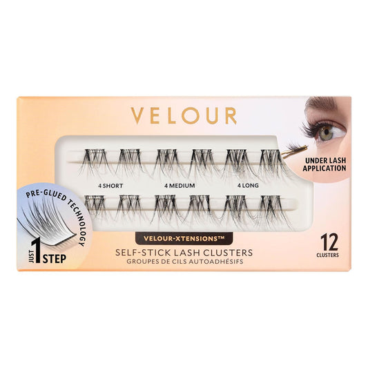 Velour-Xtensions™ Self-Stick Lash Clusters Kit, Self Adhesive Eyelashes, Includes 12 Eyelash Clusters & Applicator, Comfortable & Lightweight Lash Extensions (Soft & Wispy)