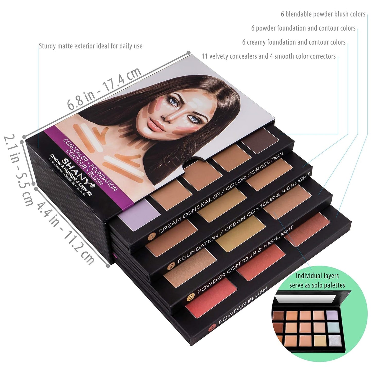 SHANY 4-Layer Contour and Highlight Makeup Kit - Set of Concealer Palette, Color Corrector, Makeup Foundation Palette, Contour Highlight Palette, and Blush Palettes
