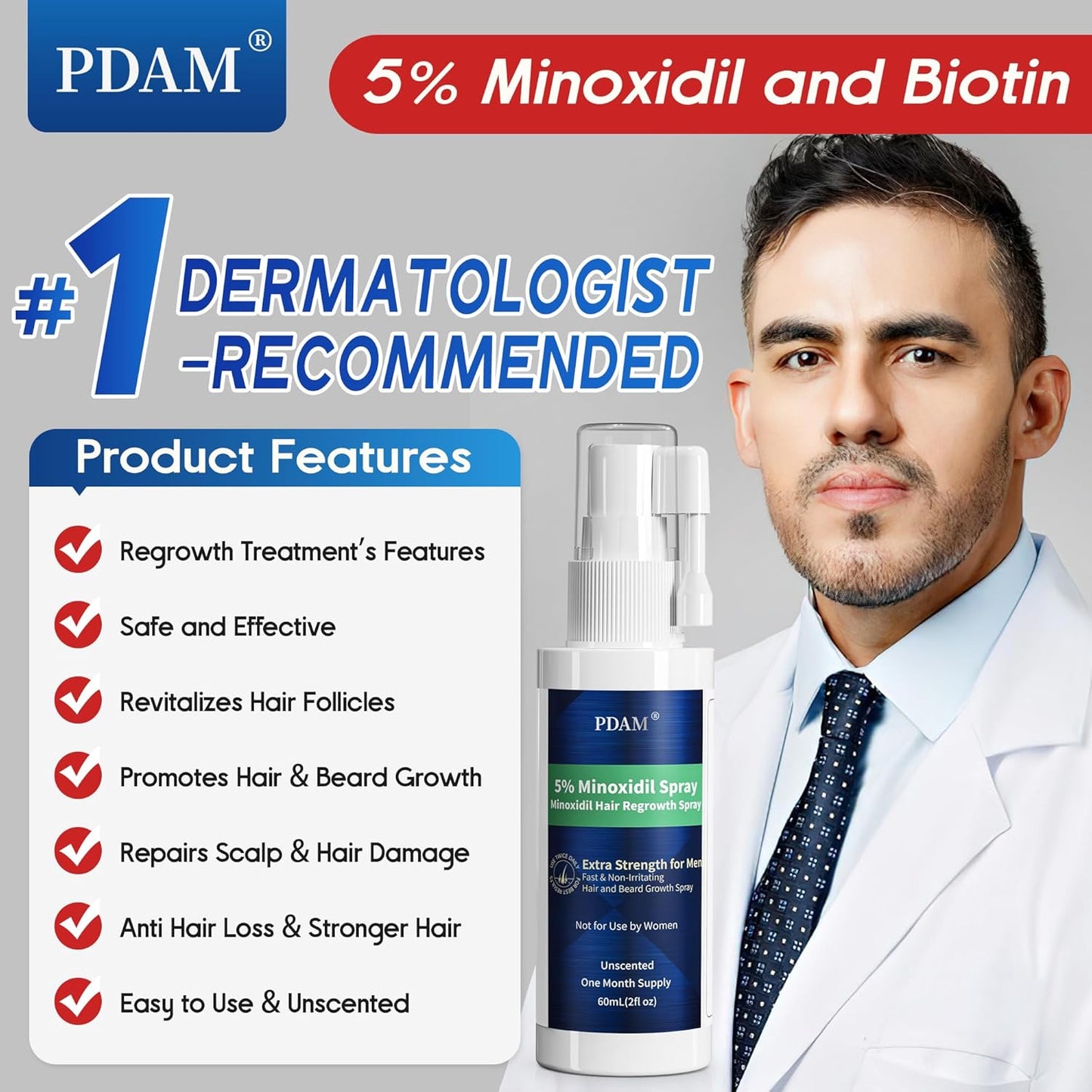 Minoxidil for Men Hair Growth Spray - 5% Topical Minoxidil for Hair and Beard Growth, Extra Strength Hair Regrowth Treatment for Hair Loss & Thinning Hair, 2 Fl Oz (60ml) *2