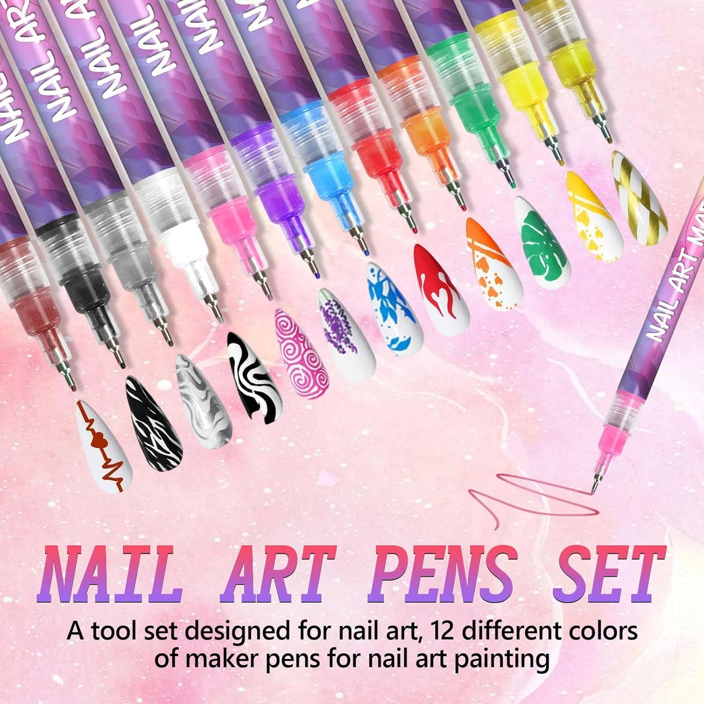 12 Colors Nail Art Pens Set, 3D Quick-Dry 0.5MM Nail Polish Pens, 2025 DIY Nail Art Marker Graffiti Dotting Pen for Nails Art Design Manicure Nail DIY Decoration