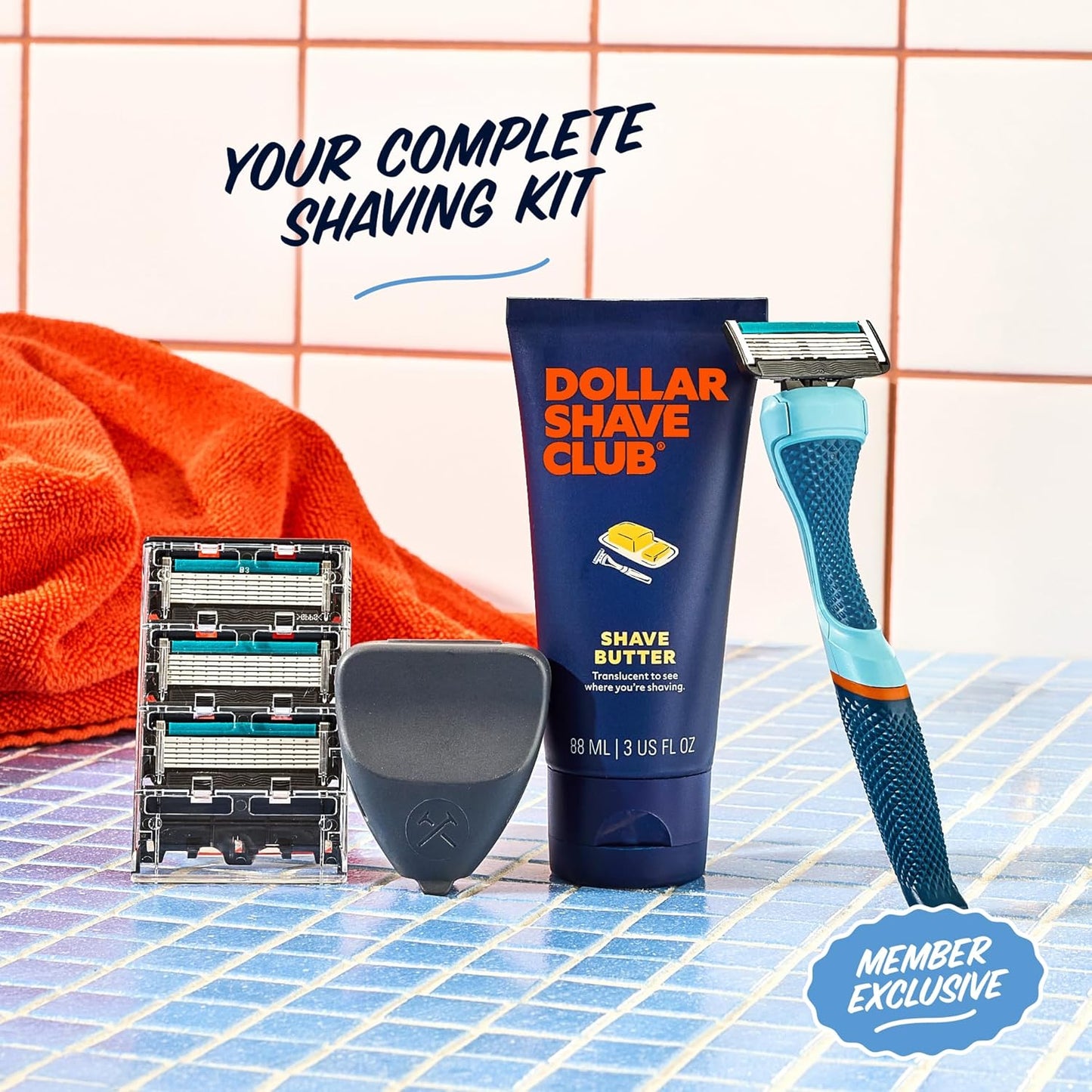 Dollar Shave Club | The Member Exclusive Shave Set | 4 Extra Close Refill Cartridges, 1 Handle (Blue), 1 Shave Butter 3 ounce, 1 Razor Cover, Razors for Men