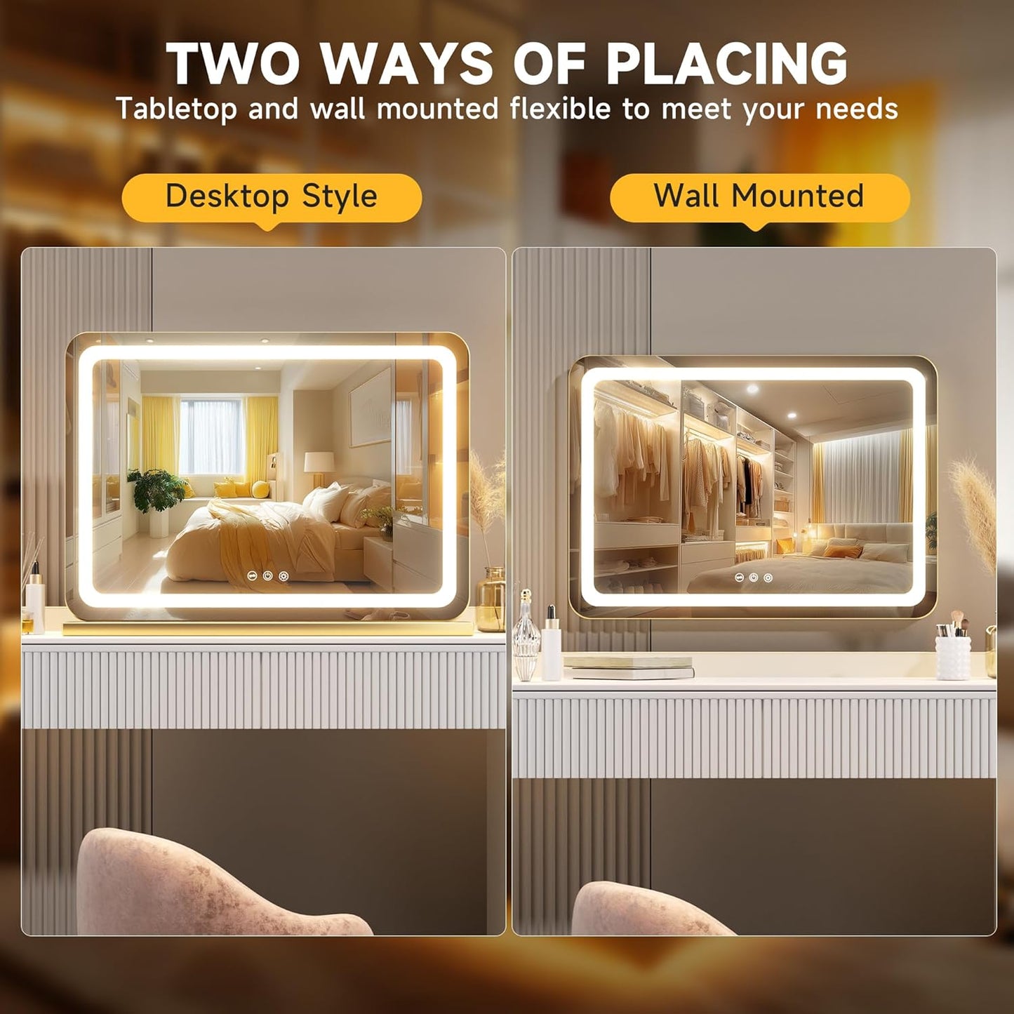 Hasipu Vanity Mirror with Lights, 22.8" x 18" LED Makeup Mirror, Lighted Makeup Mirror with Dimmable 3 Modes, Touch Screen Control Vanity Mirror Round Gold