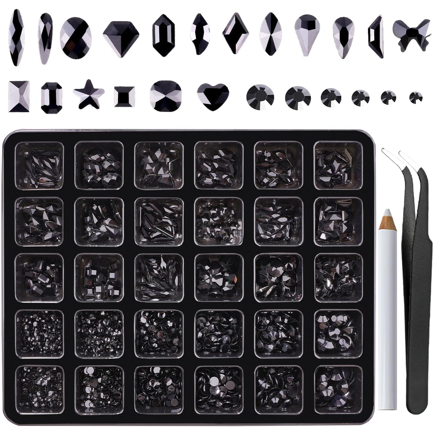 Canvalite 2900Pcs Black Rhinestones for Nails, 18 Styles Multi Shape Nail Charms and Gems Shiny Glass Crystal Flatback Nail Rhinestones Set for Nail Art with Rhinestone Picker and Tweezers