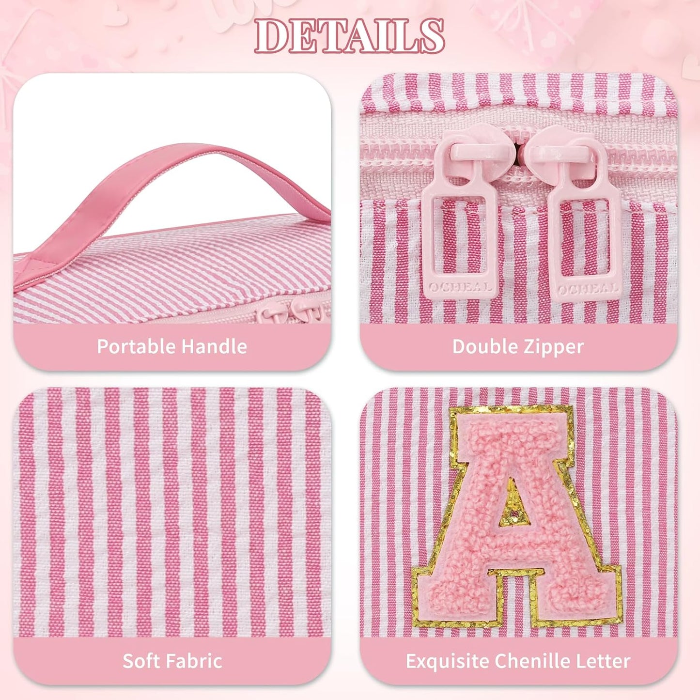 Travel Makeup Bag for Women, 2Pcs Portable Personalized Initial Makeup Organizer Bag, Open Flat Large Cosmetic Bag With Travel Essential Pouch (Pink Letter Y)