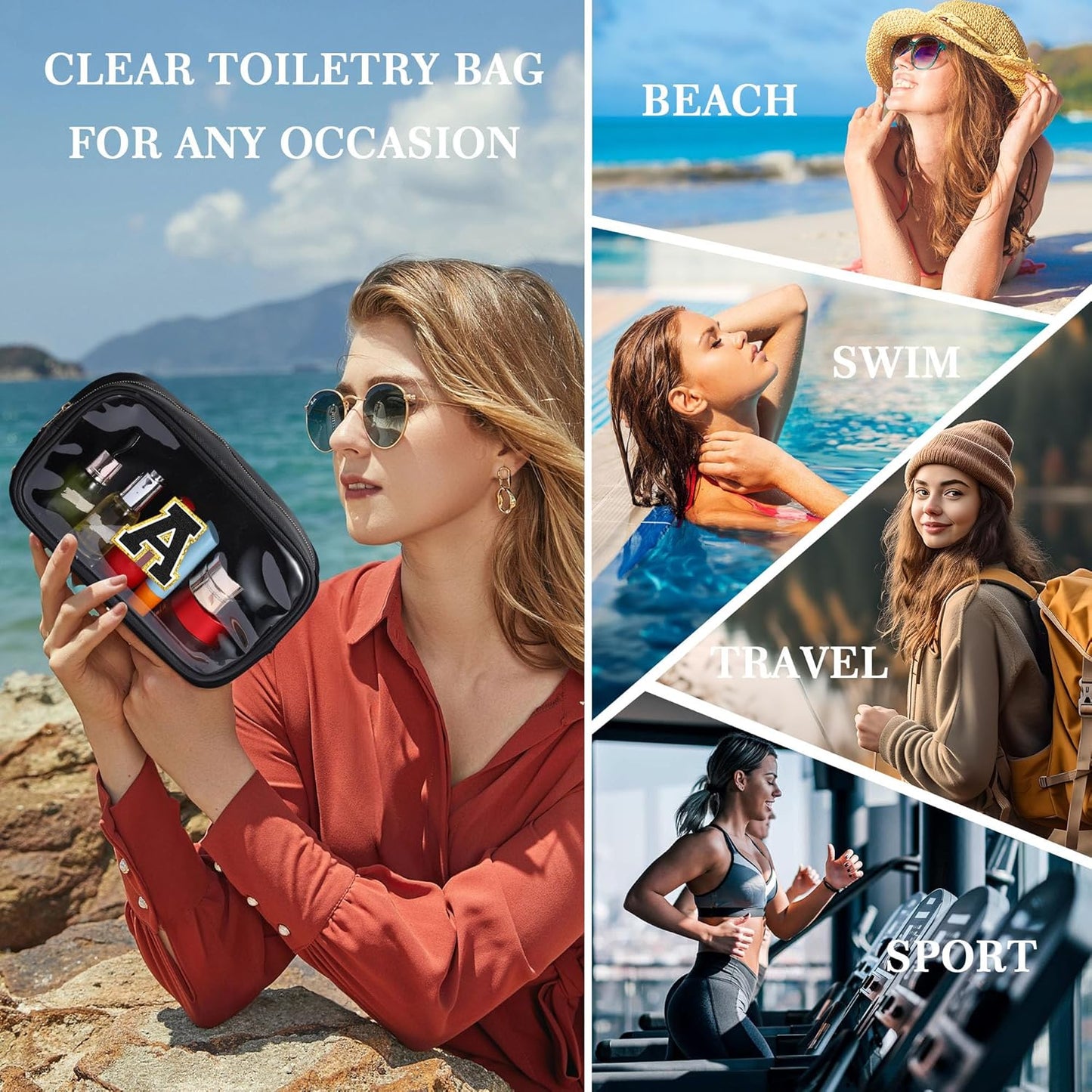 YOOLIFE Initial Makeup Bag Travel Toiletry Bag Clear Makeup Bag Cosmetic Bags Travel Essentials Gifts for Girls Teen Girlfriend Teacher Birthday Birthday Gifts for Kids Black Graduation Gifts A