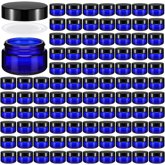 Domensi 100 Pcs 1 oz Glass Jars with Lids Bulk Round Glass Cosmetic Jars Lids 1 oz Small Travel Containers with Inner Liner for Lotions Powders Ointments Sample Cream(Cobalt Blue, Black)