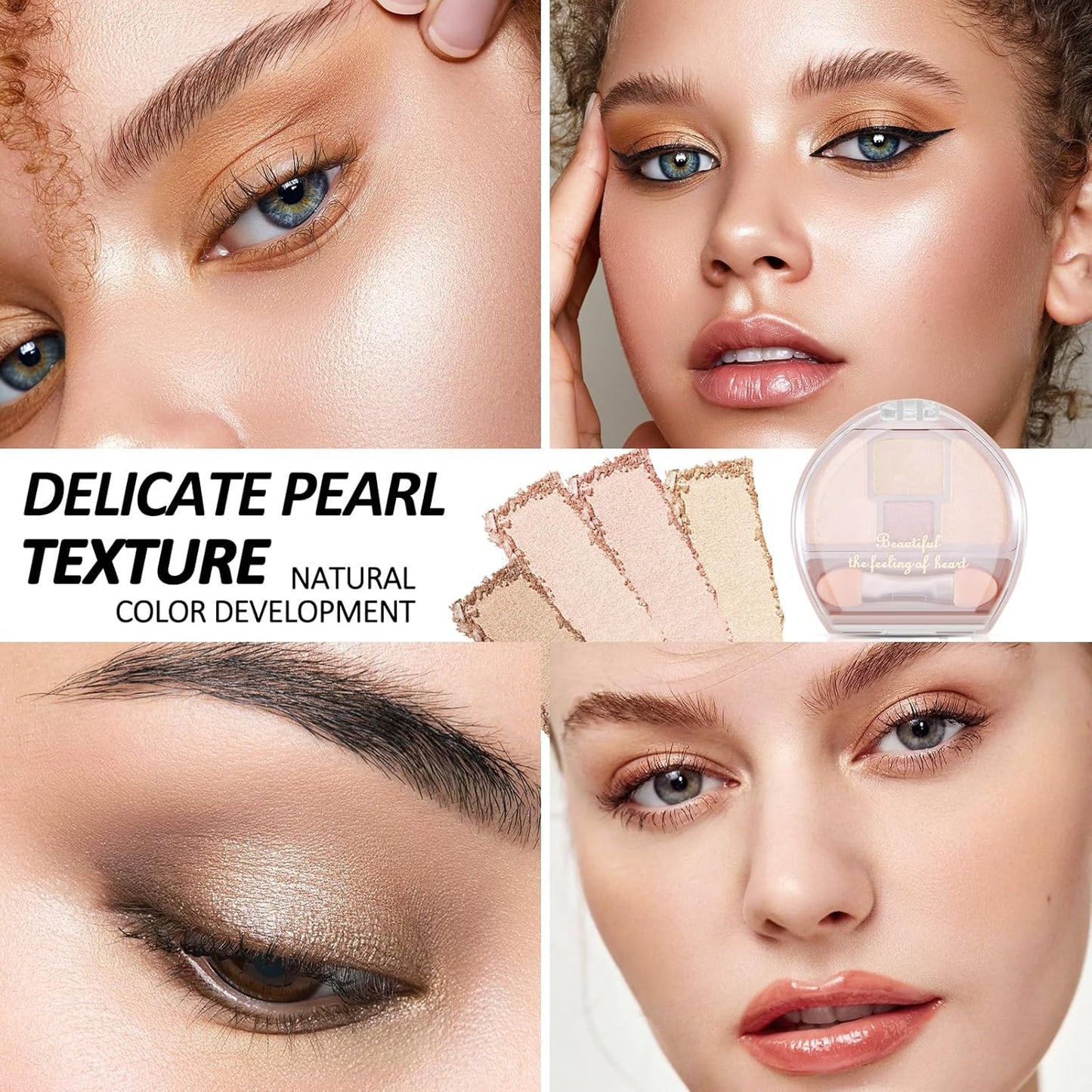 Boobeen 4-Color Makeup Palette, Highly Pigmented Glitter Eyeshadow Contour Palette with Smudger, Multi-purpose Face Makeup Palette for Eye/Face/Highlighter, Creates Shimmer Finishes, Long-lasting