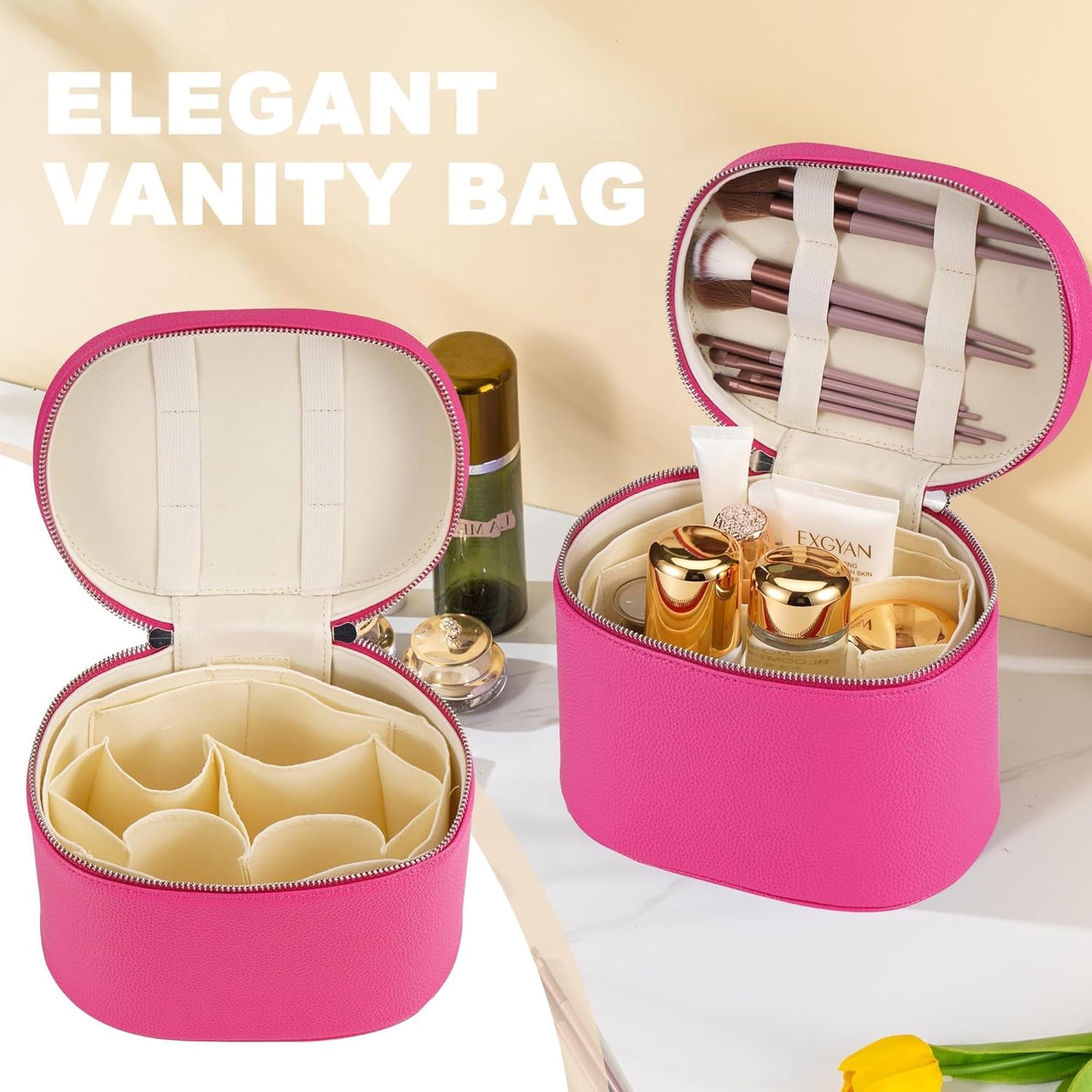 Makeup Bag Vanity Case Cosmetic Bag with Removable Divider Travel Toiletry Bag for Women Portable Make up Box Organizer, Rose