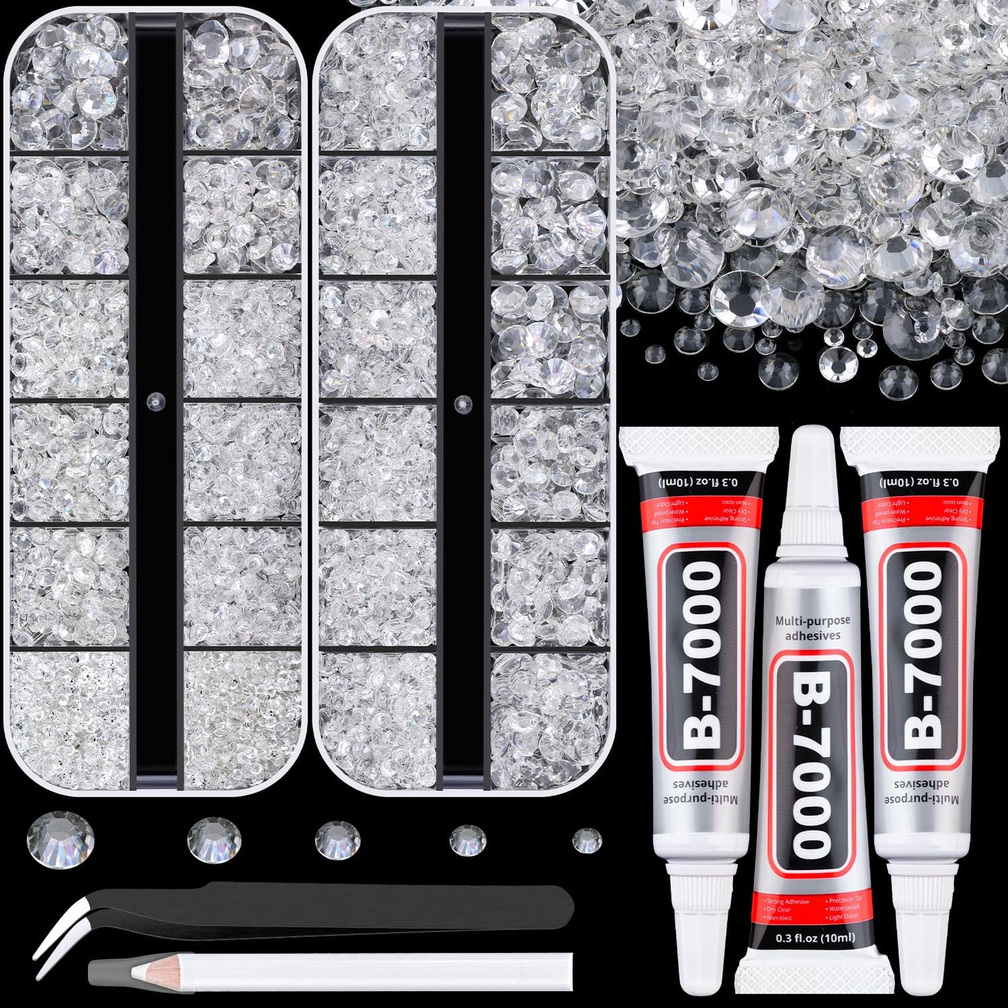 Resin Rhinestones for Crafting with B7000 Jewelry Glue, 2 Boxes Transparent Flatback Crystals with 3Pcs 10ml Glue for Bedazzling Crafts DIY Nail Art Makeup, Gems for Clothing Shoes