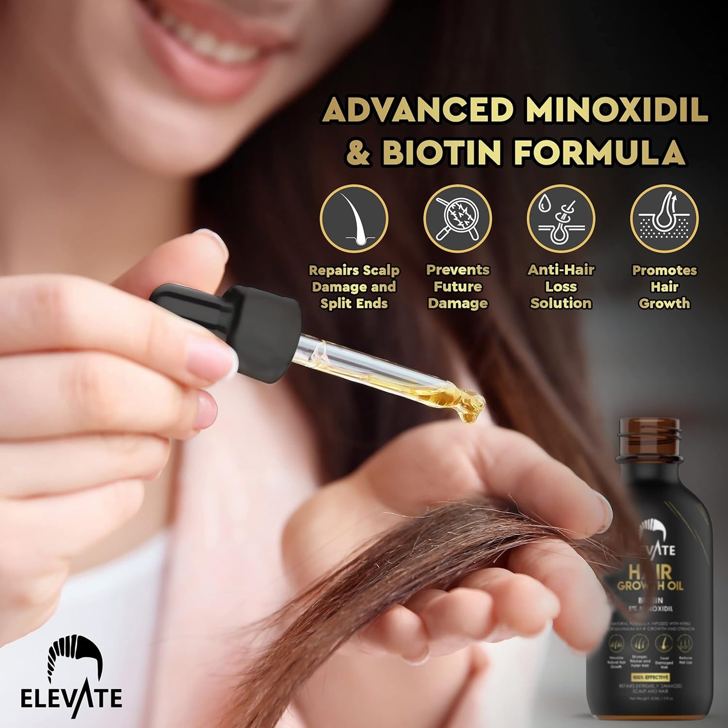 ELEVATE Hair Growth Oil - Biotin Serum & 5% Minoxidil Treatment for Stronger Thicker Longer Hair – Natural Hair Growth Thickening Treatment - Stop Thinning & Hair Loss for Men & Women 1oz