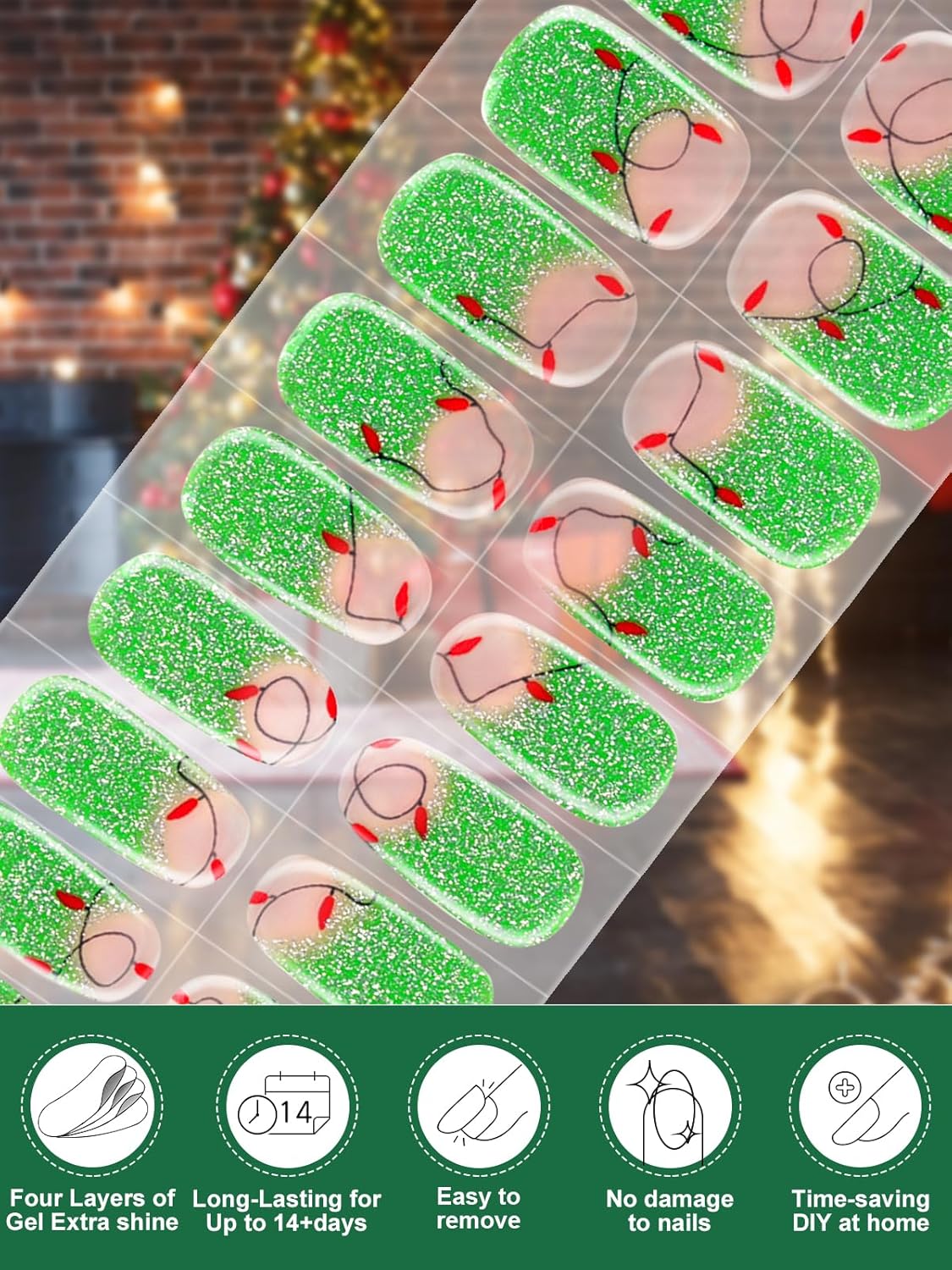 EBANKU 24pc Semi-Cured Gel Nail Strips, Waterproof Gel Nail Wrap Stickers with Christmas Lights Designs and File - UV/LED Lamp Required