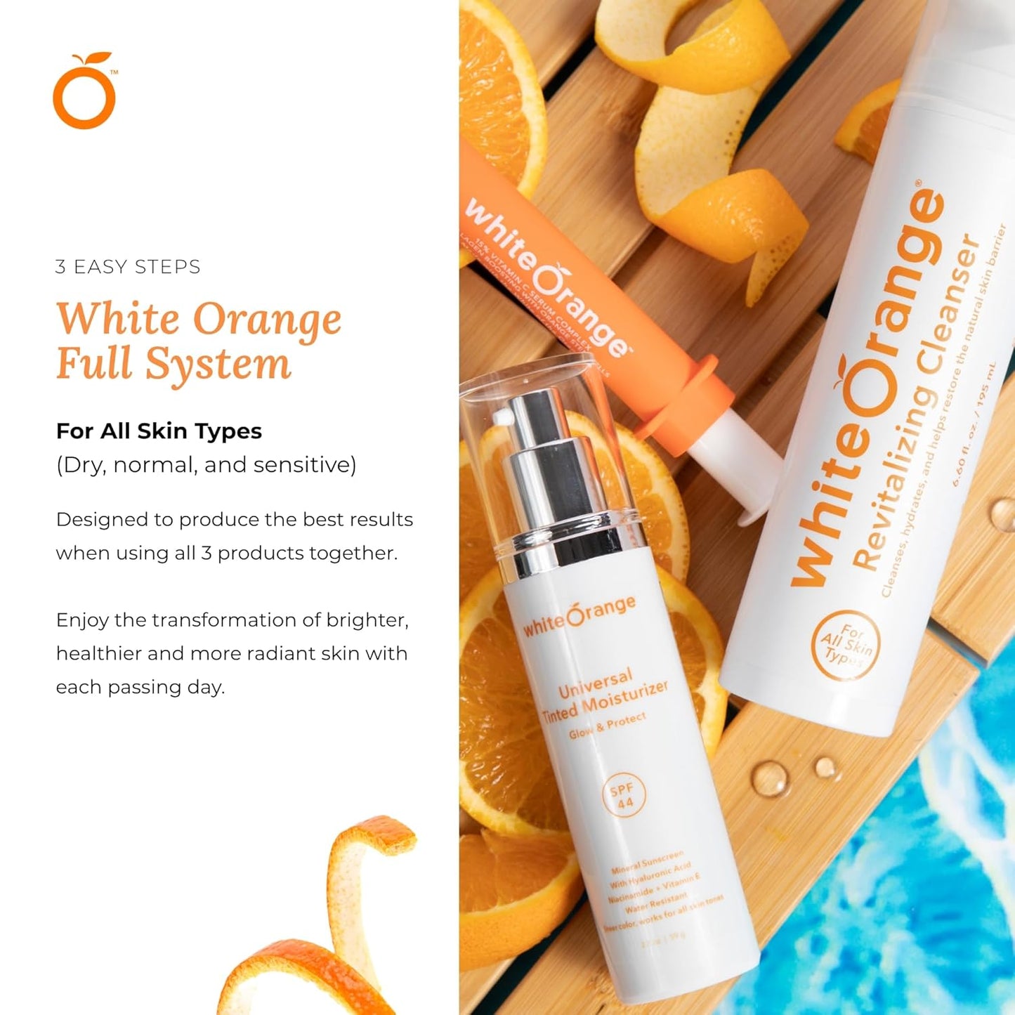 White Orange Full System 3 Step Skincare Routine Premium Anti-Aging Regimen Bundle For Healthy Glowing Skin - Revitalizing Cleanser, Advanced Vitamin C Serum & Universal Tinted Moisturizer with SPF 44