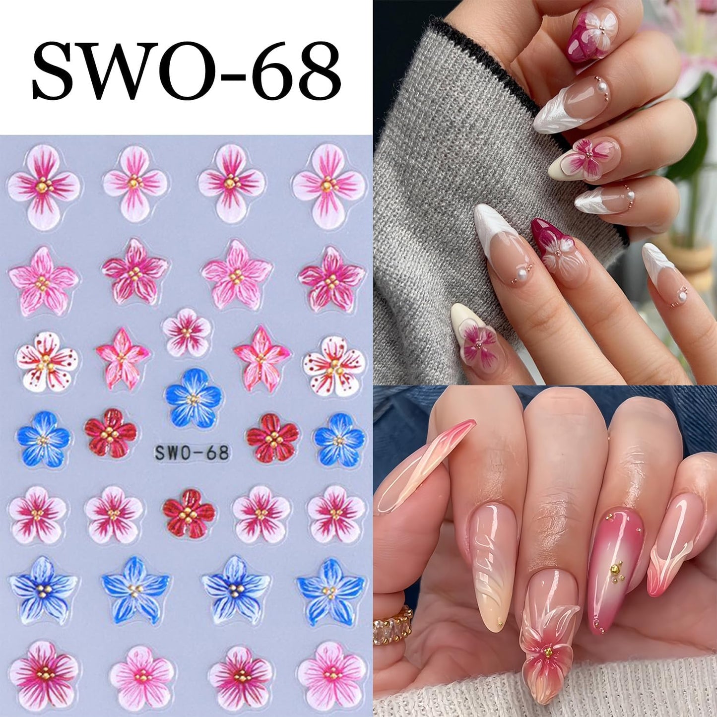 4 Sheets Flower Nail Art Stickers 3D Self-Adhesive Blossom Nails Sticker Spring Nail Art Decals Holographic Daisy Nails Decal Decoration for Women Colorful Flowers Manicure DIY Nail Supplies