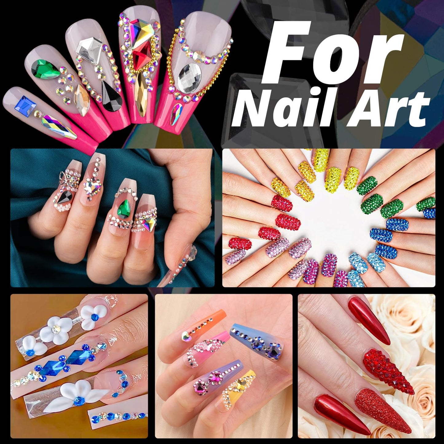 Rhinestones for Nails, Manicure Kit with Nail Rhinestone Glue Gel, Multi Shapes Dark Green Glass 3D Nail Charms + Flatback 2-5mm Round Beads & Gem Glue for Nails (UV/LED Needed) with Dotting Tools