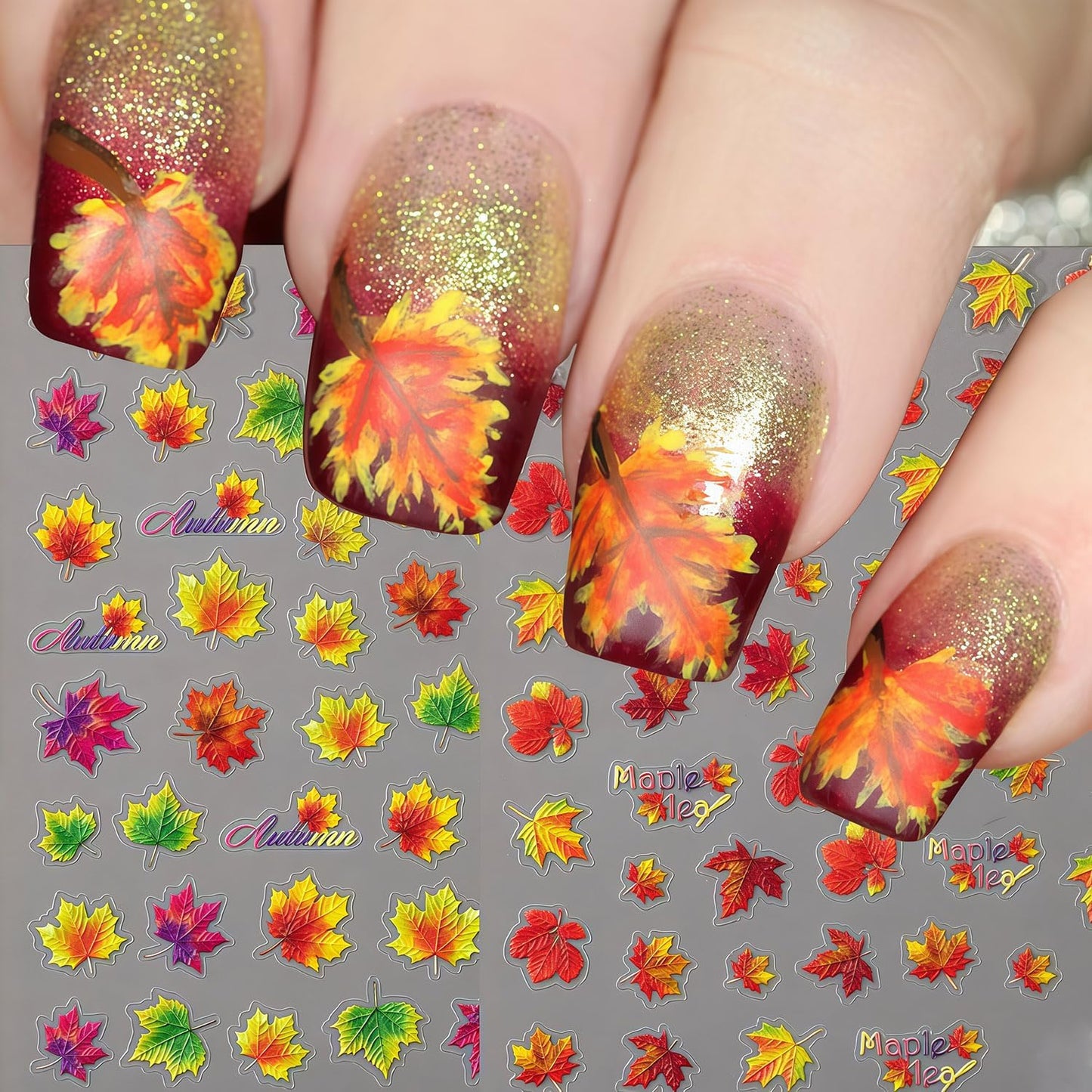 4 Sheets Fall Nail Art Stickers Maple Leaf Nail Decals 3D Self-Adhesive Autumn Leaves Design Stickers Thanksgiving Maple Leaves Nail Decals for Women Holiday DIY Manicure Decoration