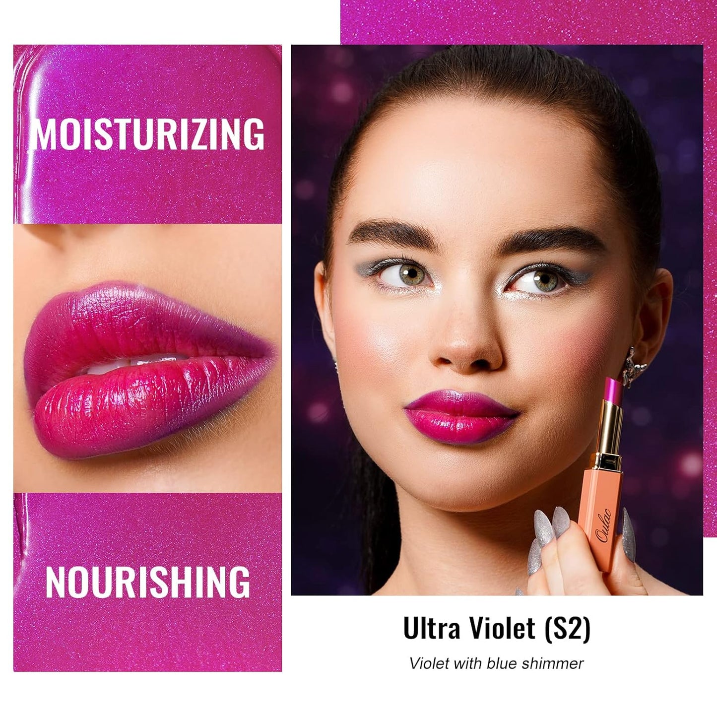 Oulac Moisture Pink Purple Lipstick - 2 in 1 Shimmer Lipstick & Lip Balm, Juicy & Glossy Finish, Long Lasting Hydrating, Smooth for Dry, Cracked and Chapped Lips, Vegan 2.2g/0.07oz (S02)