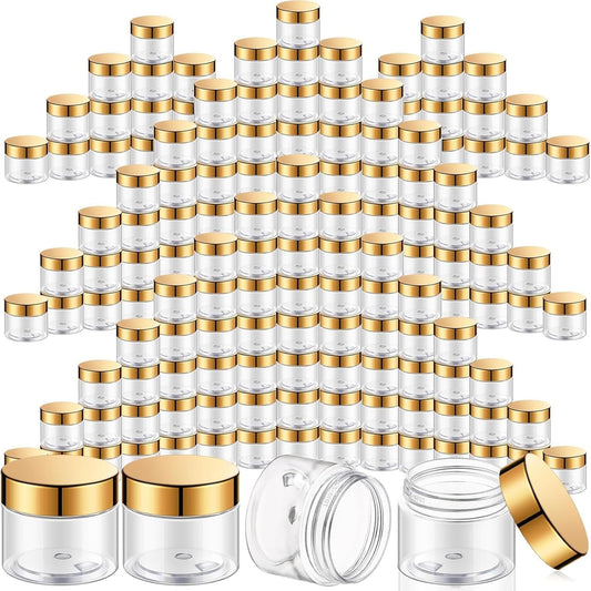 SATINIOR 100 Pcs Plastic Jars with Lids Small Containers Lids Wide Mouth Small Plastic Containers for Lotion Cream Rhinestones Body Butters Travel Storage(8 oz,Gold)
