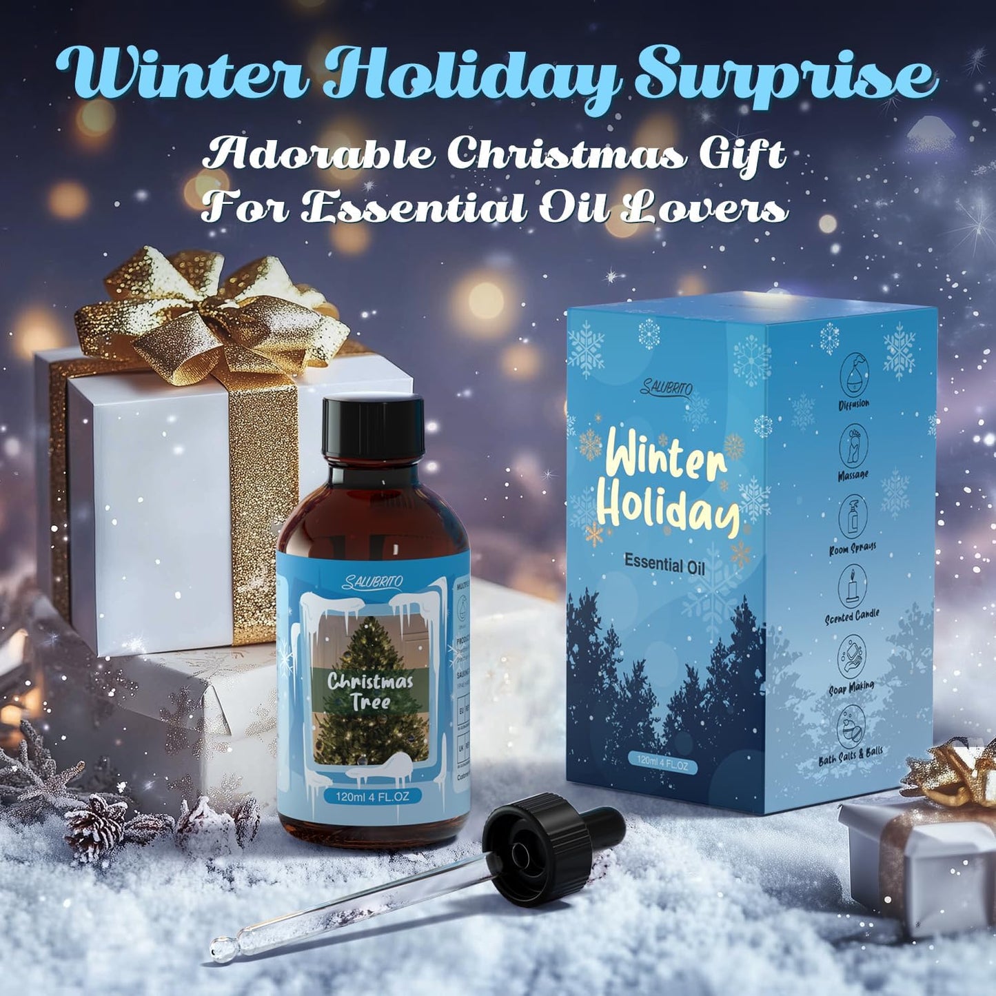 SALUBRITO Christmas Tree Essential Oil 4 Fl.Oz (120ml), Pure & Natural Fragrance Oils, Winter Essential Oil for Diffuser, Candle & Soap Making, Strong Scented Oil & Diffuser Oil