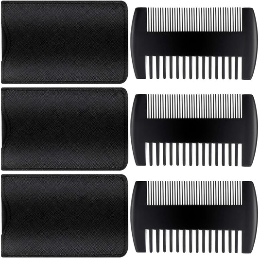 Sandalwood Beard Comb Set with Faux Leather Case - Dual Action Teeth for Mustaches and Beards (Black, 3 Combs + 3 Cases)