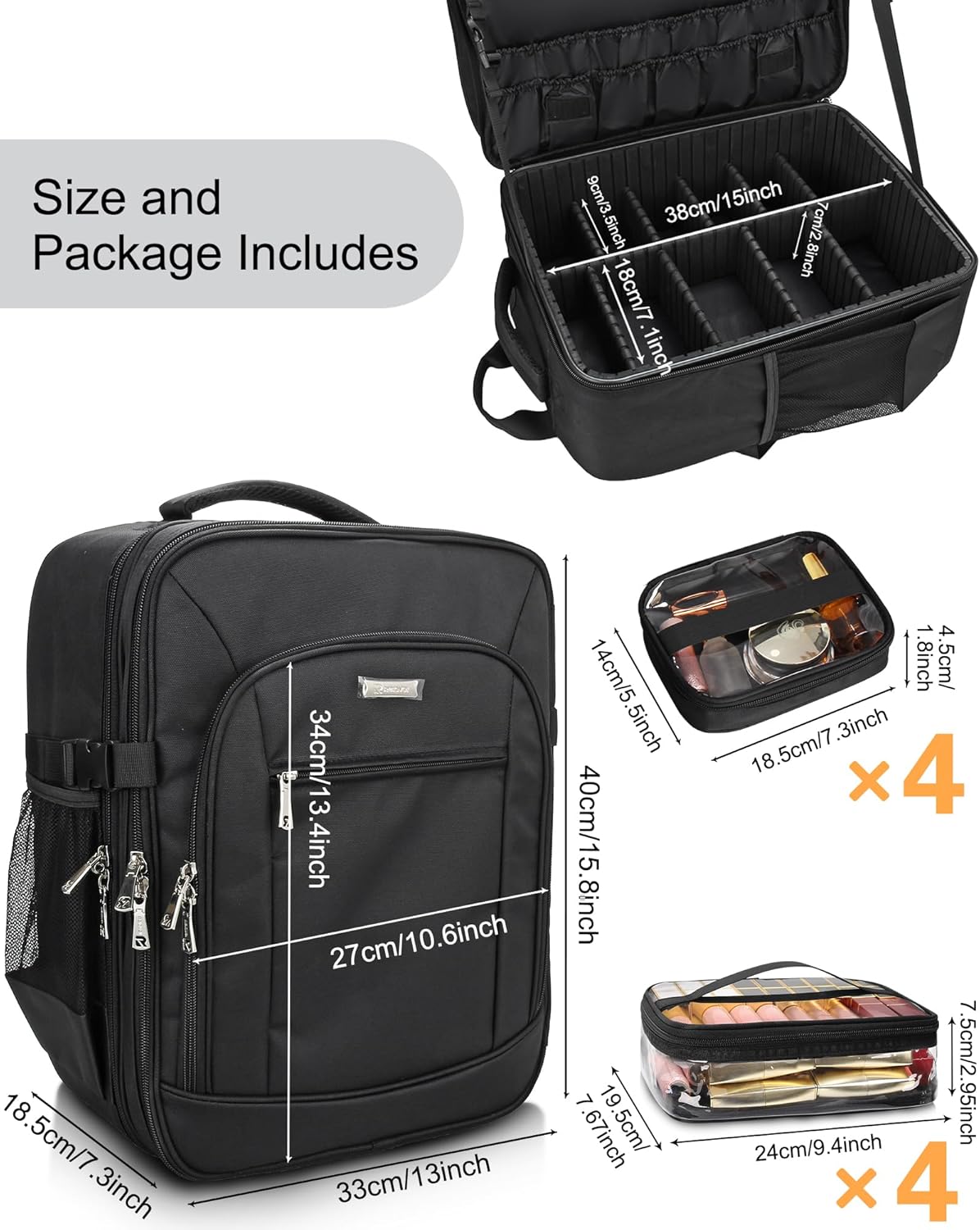 Makeup Backpack Professional Makeup Artist Bag Extra Large Cosmetic Bags with 8 Small Bags Double-Layer Travel Cosmetic Train Case Storage Organizer with Adjustable Divider