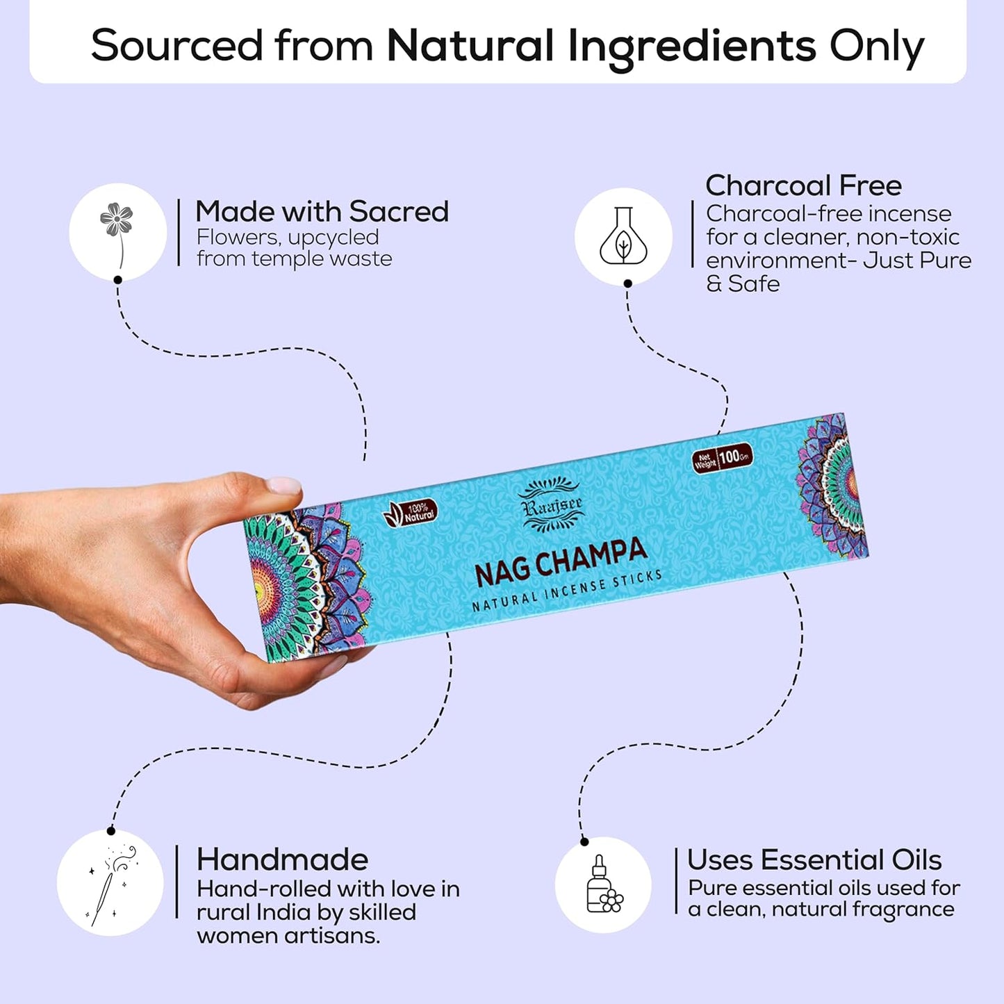 Raajsee Nag Champa Incense Sticks (180 gm), 100% Pure Organic Natural Hand Rolled Free from Chemicals - Nag Champa Incense is Perfect for Aromatherapy, Cleansing, Meditation (Pack of 12)