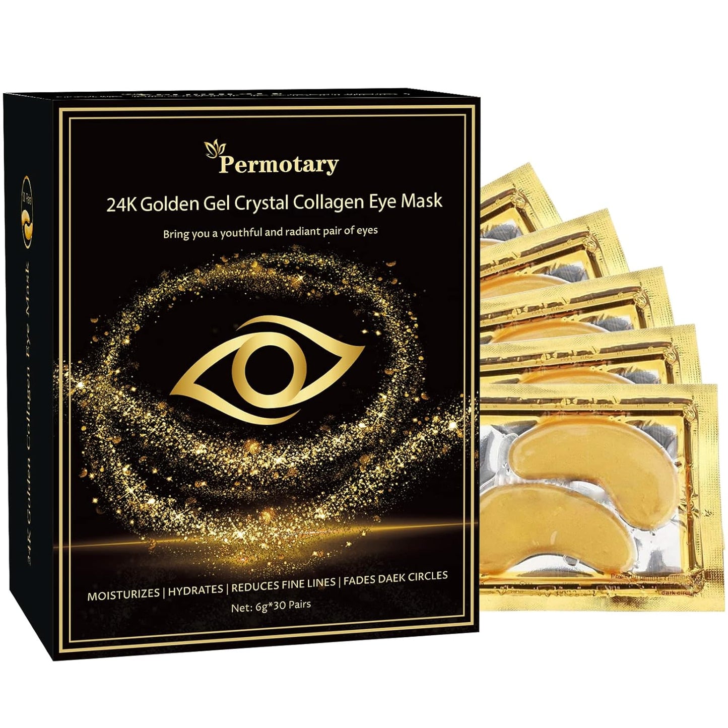 Permotary 30 Pairs 24K Gold Gel Crystal Collagen Eye Pads,Crystal Collagen Under Eye Mask for Moisturizing,Reducing Fine Lines&Dark Circles& Puffy Eyes Under Eye Patch for Women Men, Gold Boxed