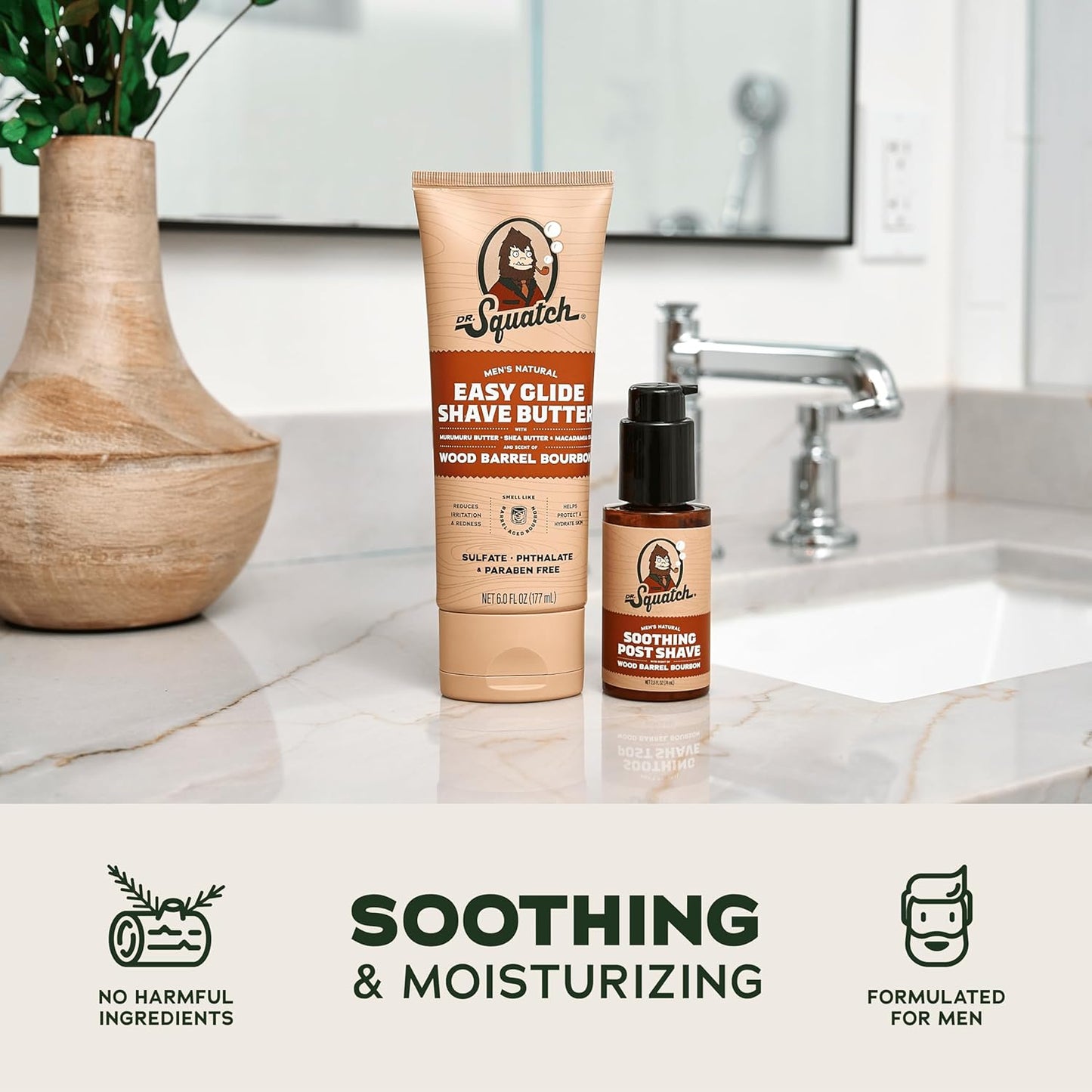 Dr. Squatch Wood Barrel Bourbon Smooth Shave Bundle - Easy Glide Butter + Soothing Post Shave - Natural Ingredients - Manly Fragrance - Moisturizing
