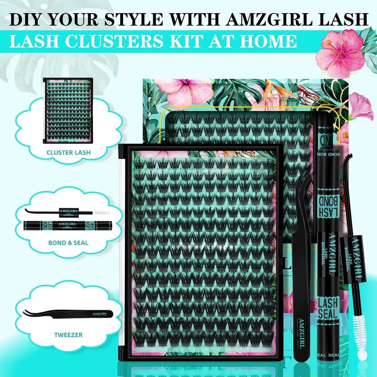 Lash Clusters Kit 168pcs Lash Extension Kit Cluster Lashes Natural Look with Lash Bond and Seal Waterproof, Lash Tweezer with Wet Look Ultra-Thin Band Lashes(Orchid-Kit,D-10-18mm)