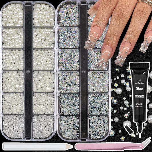 Nail Art Pearls Rhinestones with Glue Gel Flatback Cream Pearls AB Rhinestones Nail Charms Mixed Size 0.04-0.2in Nails Gems Pearl Accessories for Women Nails Design Decoration