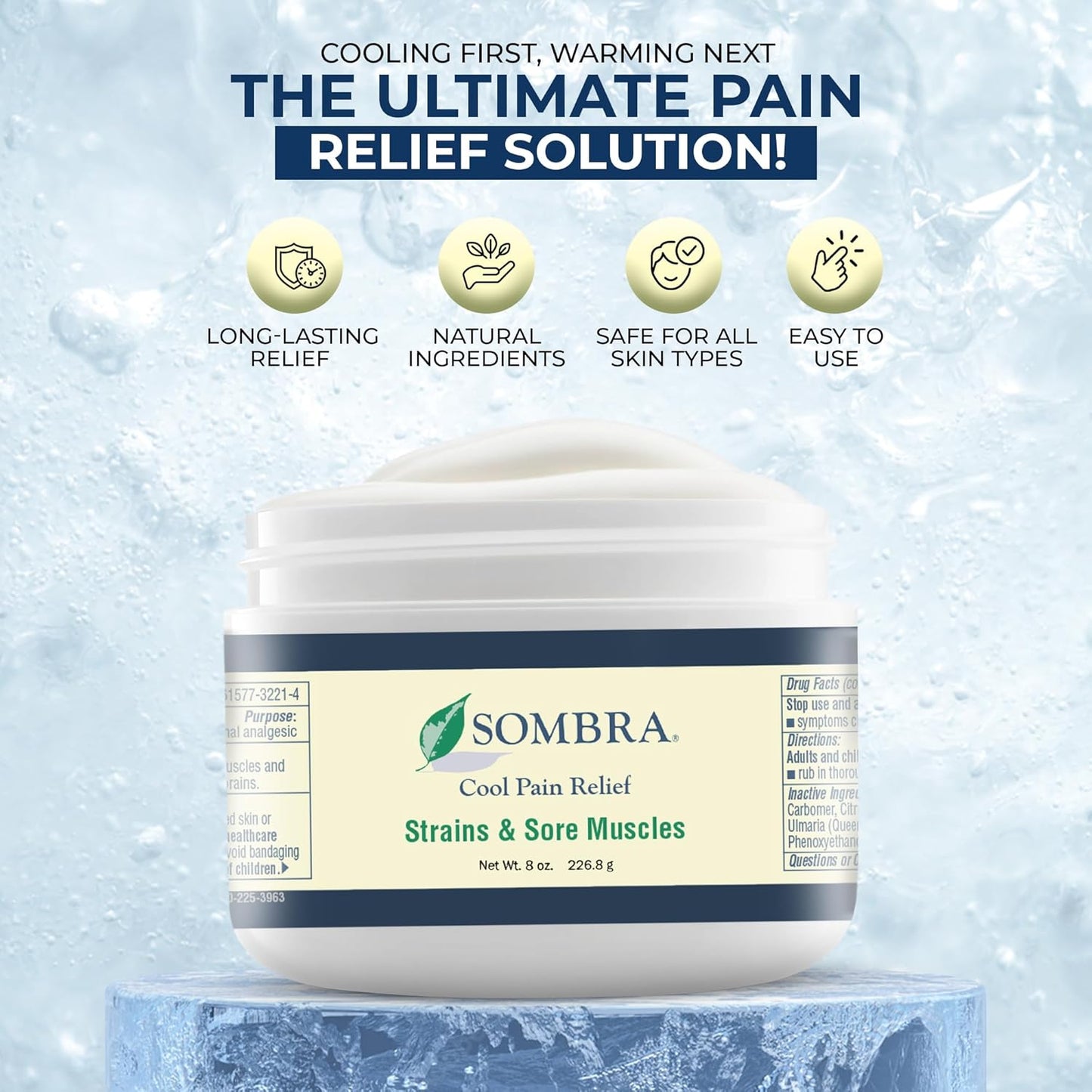 Sombra Cool Pain Relief Gel Cold Pain Relief for Swelling, Growing Pains, Soreness, Post-Workout, Vegan Formula Free of Artificial Fragrances, Dyes, NSAID, Wax, Petroleum, Alcohol - 8oz Jar
