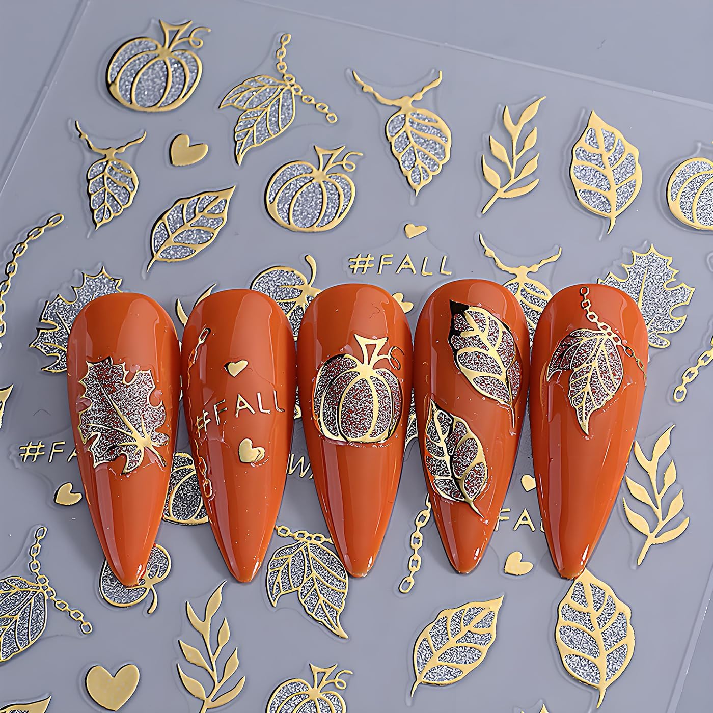 Halloween Nail Art Stickers, Glitter Pumpkin Ghost Nail Art Decals 3D Self-Adhesive Whit Gold Heart Spider Web Bat Black Leaf Nail Design 8Pcs Halloween Nail Art Supplies for Women Nail Decoration