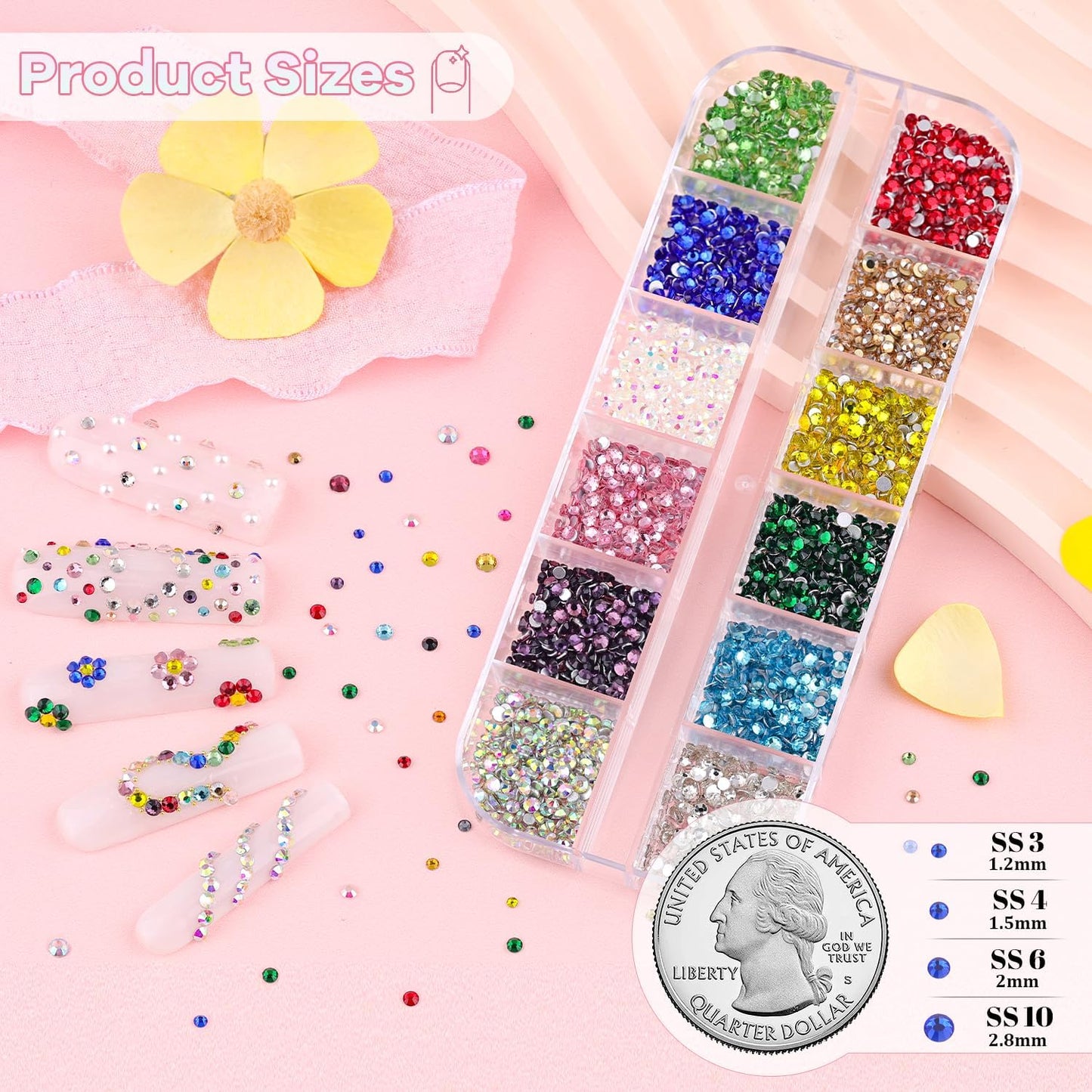 4200Pcs Small Glass Crystal Rhinestones for Nail Art with 15ML Nails Rhinestone Glue, Colorful SS3-SS10 Flatback Bedazzling Gems, Nail Rhinestones and Gems Charms for Acrylic Tips Manicure Decor