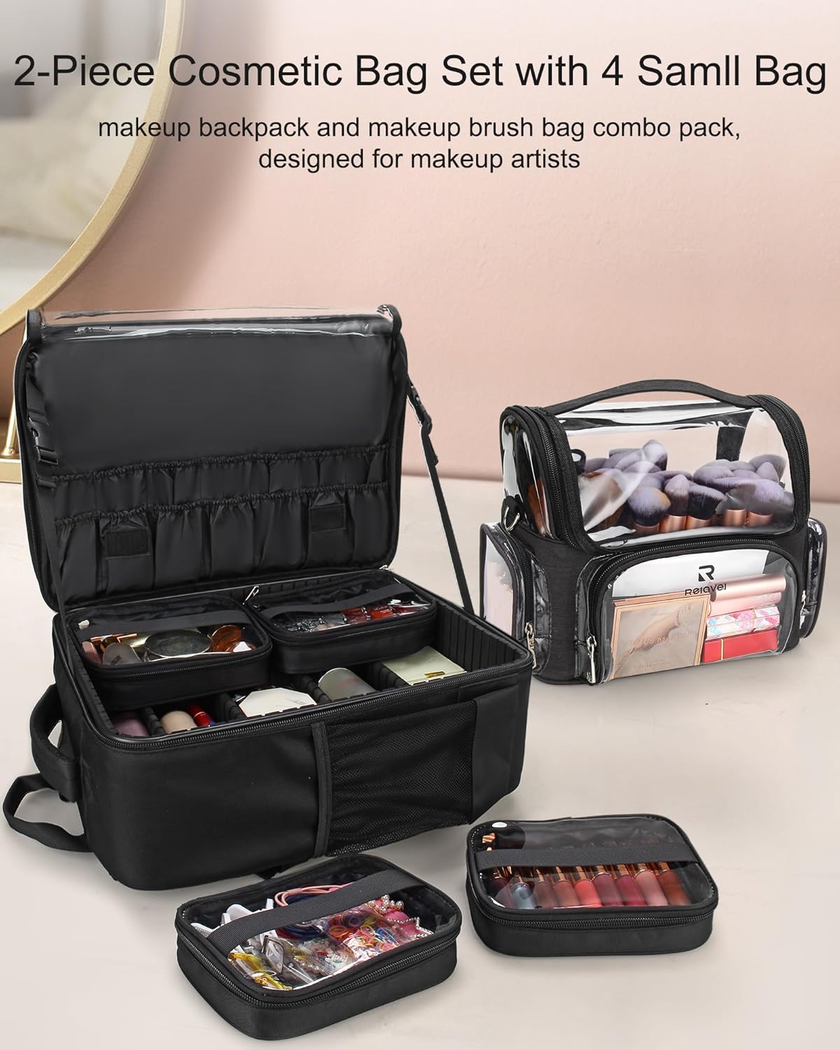 Makeup Backpack Extra Large Cosmetic Bags Professional Makeup Artist Bag Travel Train Case Storage Organizer Double-Layer Cosmetic Case with 4 Pouch and Brush Organizer
