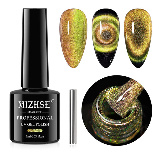 MIZHSE 9D Cat Eye Gel Nail Polish, Brown to Greed Magnetic Gel Polish with Magnet Stick, Galaxy Effect Holographic Cateye Nail Gel Soak Off Nail Art Manicure Home